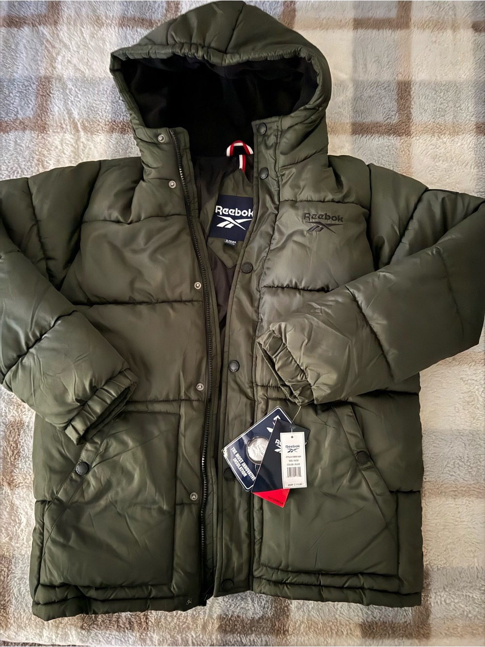 Reebok Youth Olive Puffer Coat with Hood-Size 18/20 Youth or Medium Adult